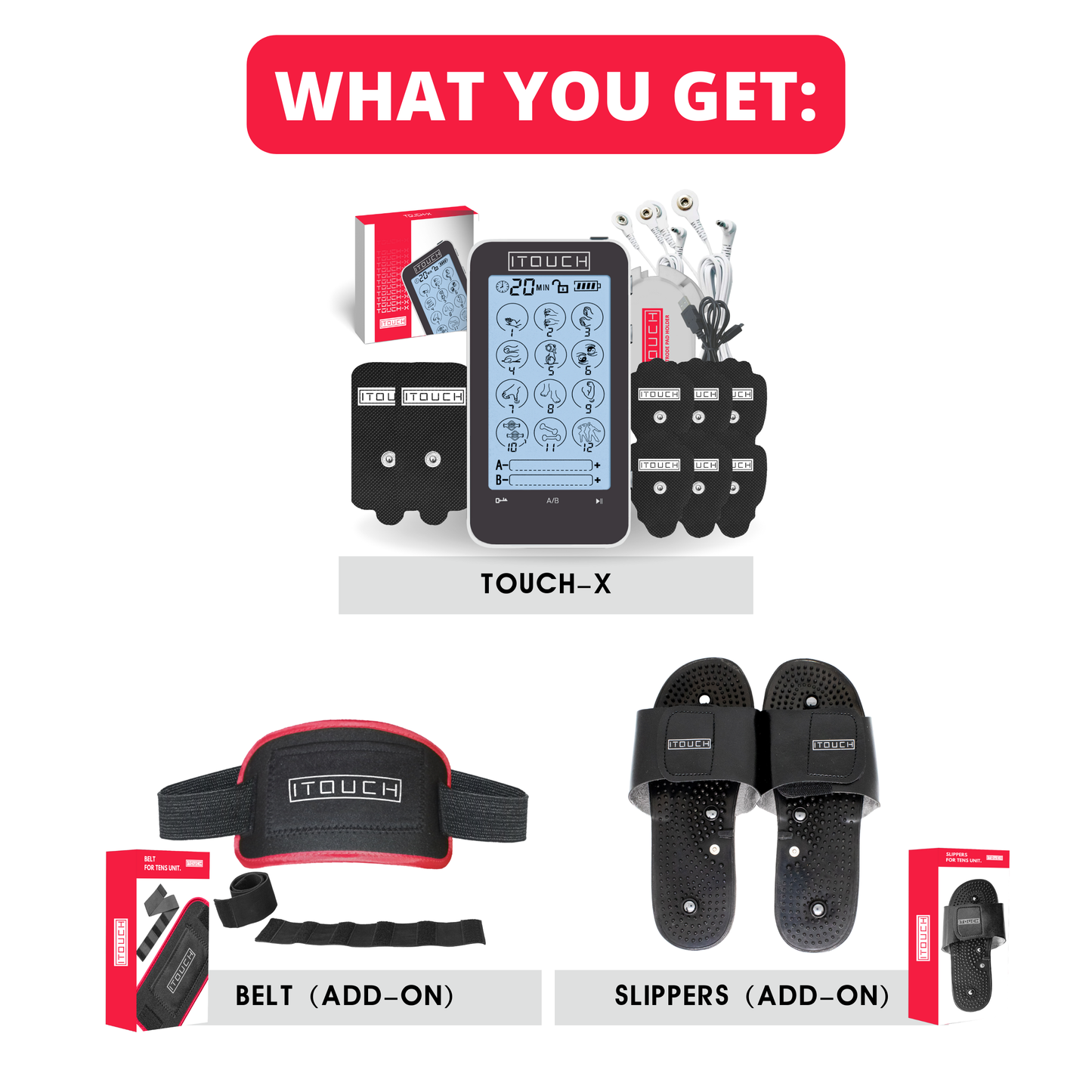 TOUCH-X TENS EMS Pain Relief 3-in-1 System, Includes Slippers and Belt