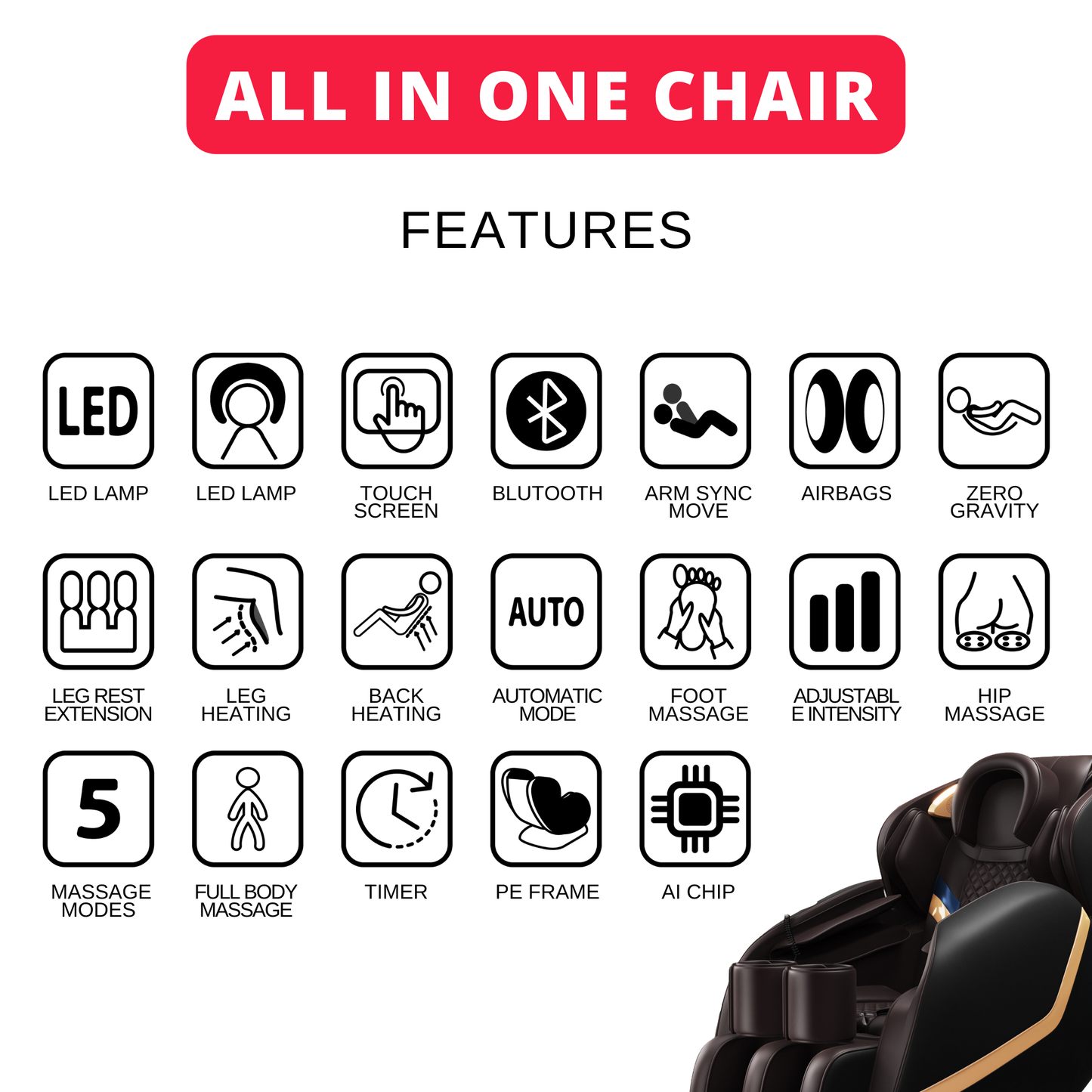 Relaxo Electric Chair Massager with Heat Therapy, Full Body Massage, touch control and Bluetooth Speaker